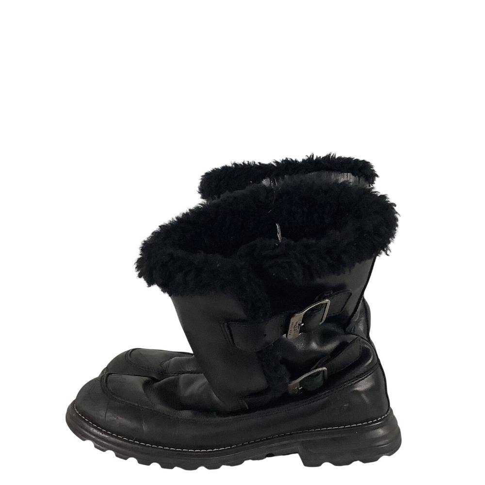UGG Australia Sundance II Black Leather Shearling Buckle Boots Womens 8 5325